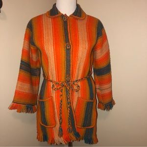 Peruvian Wool Blend Fringed Striped Hand Woven Belted Jacket,No Size Tag
